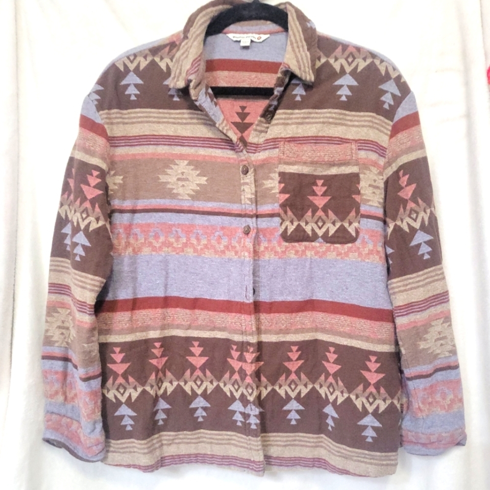 Aztec Pattern Button-Down Shirt Jacket - Multicolor
